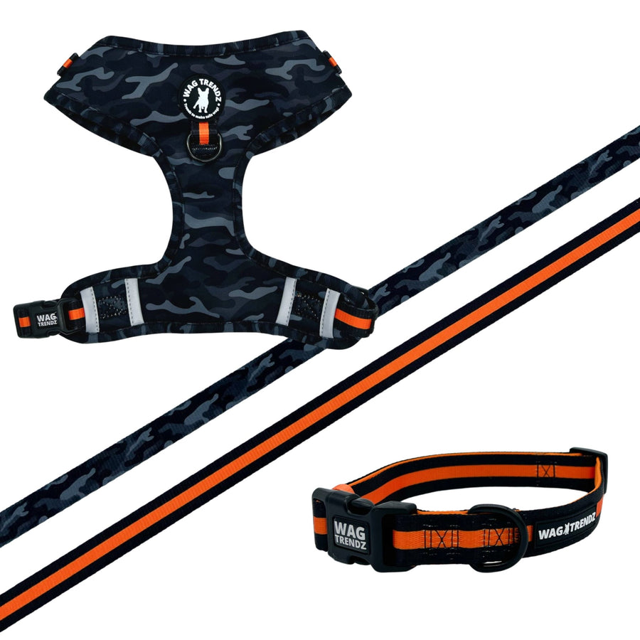 Dog Collar Harness and Leash Set - Dog Adjustable Harness in black & gray camo with bold orange accents and matching Dog Leash and Collar - against solid white background - Wag Trendz