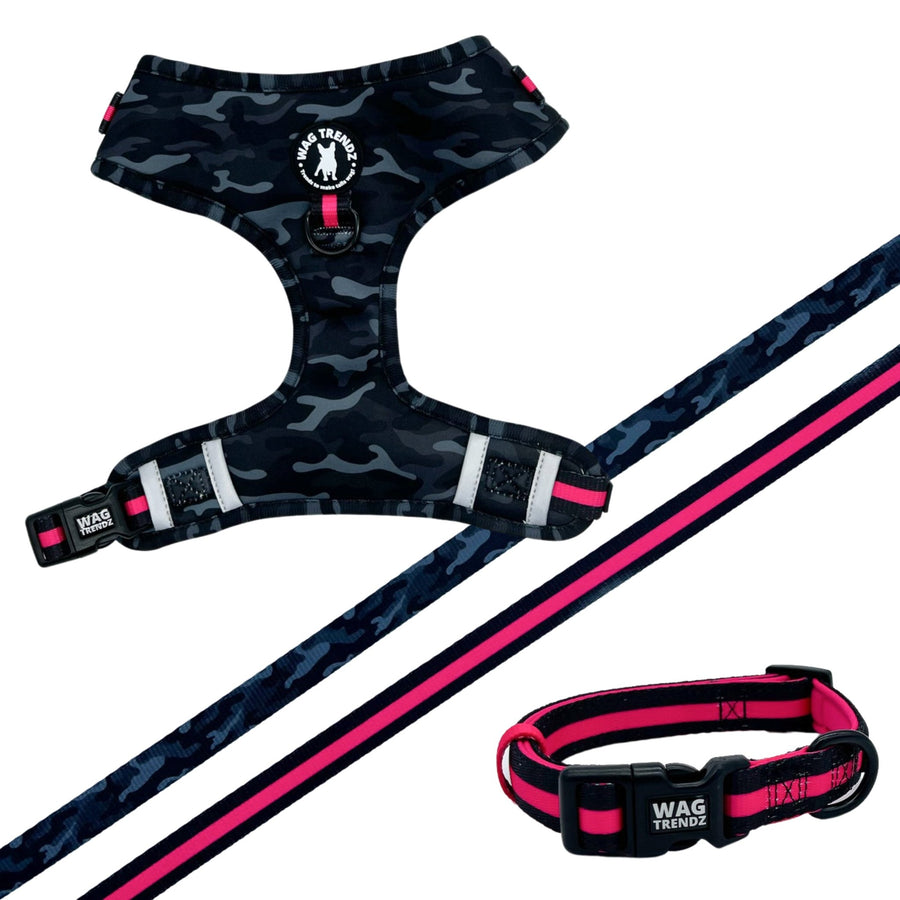 Dog Collar Harness and Leash Set - Dog Adjustable Harness, matching Dog Collar and Leash in black & gray camo with hot pink accents - against solid white background - Wag Trendz
