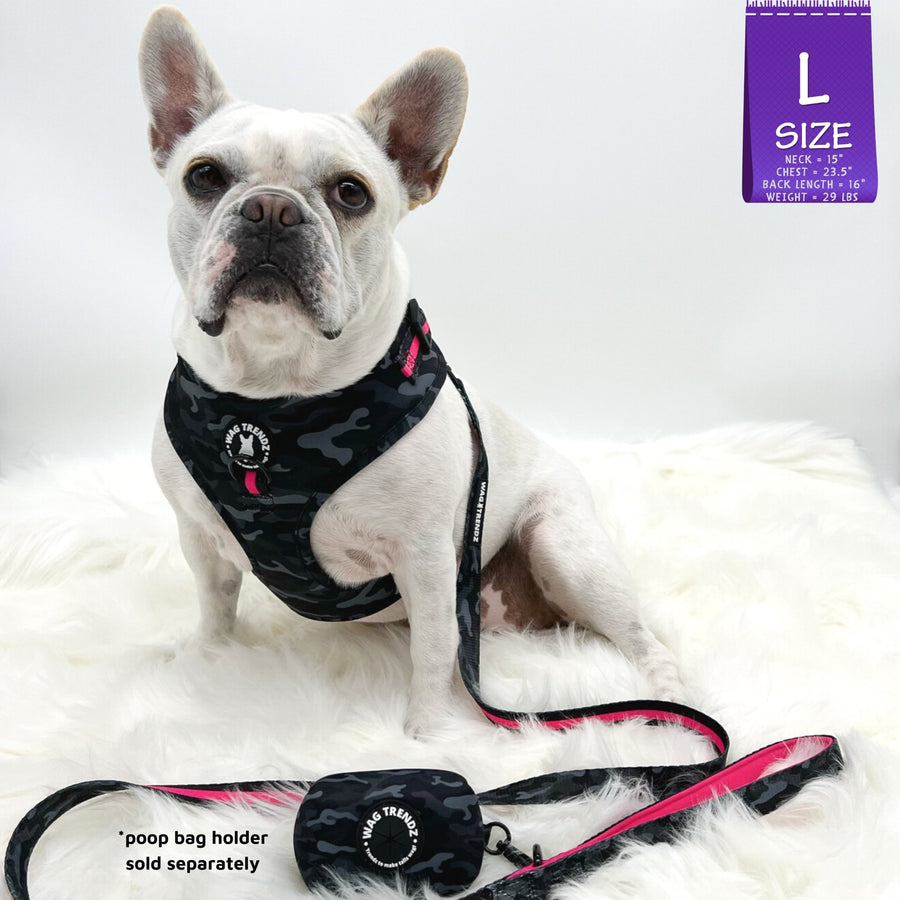 Dog Collar Harness and Leash Set - French Bulldog wearing L Dog Adjustable Harness with matching Dog Leash and Poo Bag Holder in black & gray camo with hot pink accents - against solid white background - Wag Trendz