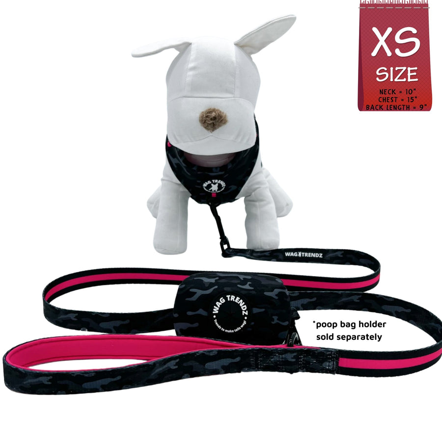 Dog Collar Harness and Leash Set - Small Dog wearing XS Dog Adjustable Harness, matching Dog Leash and Poo Bag Holder in black & gray camo with hot pink accents - against solid white background - Wag Trendz