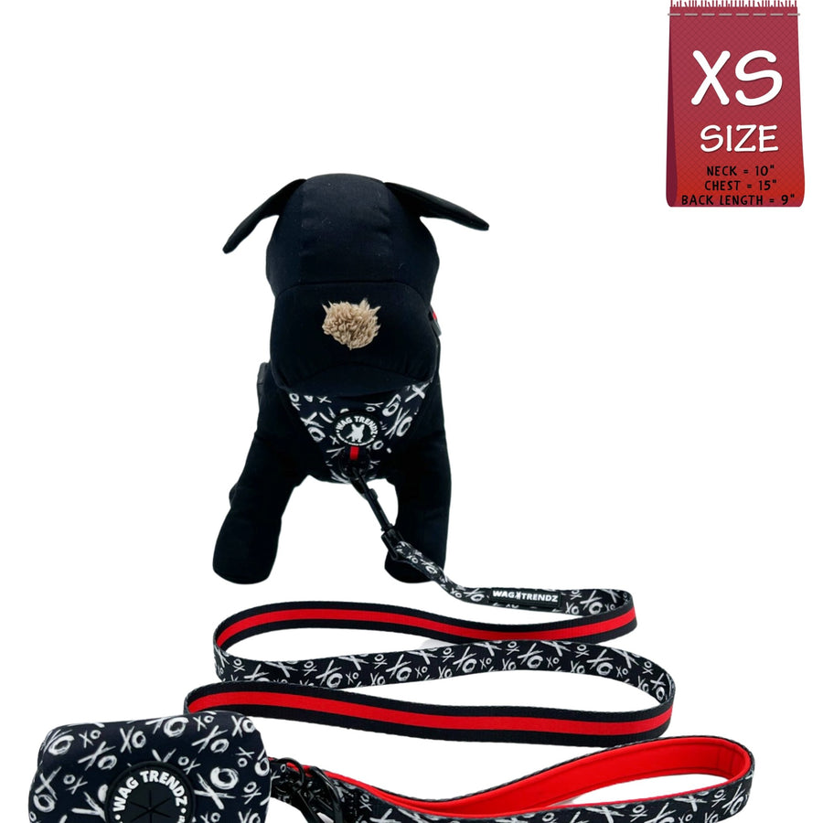 Dog Collar Harness and Leash Set - Small Dog wearing Dog Adjustable Harness in black and white XO's with bold red stripe and matching leash and poop bag holder attached - against solid white background - Wag Trendz