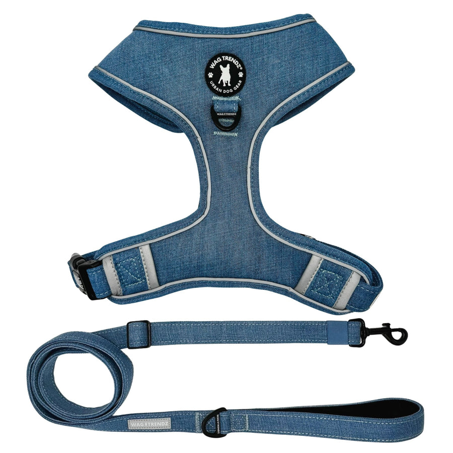 Dog Harness and Leash - Downtown Denim Dog Harness and Leash - chest view - against solid white background - Wag Trendz