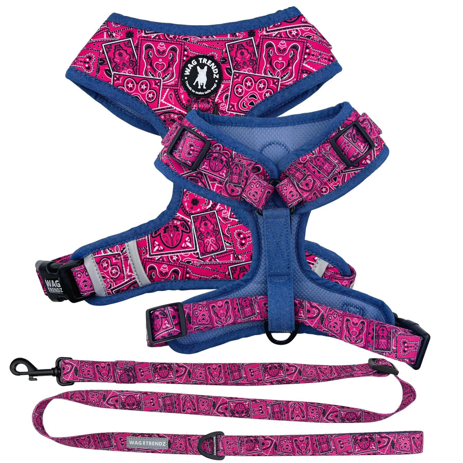 Dog Harness and Leash Set - Bandana Boujee Dog Harness and Leash in Hot Pink  with Denim Accents - against solid white background - Wag Trendz