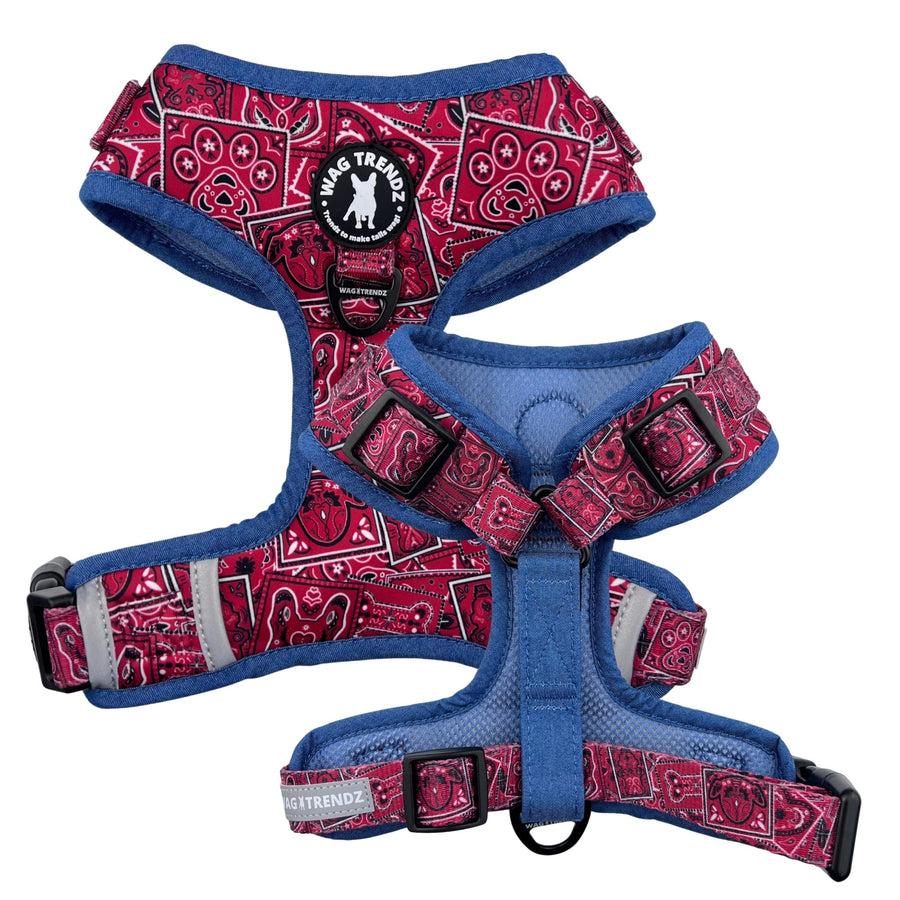 Dog Harness and Leash Set - Bandana Boujee Dog Harness in Red with Denim Accents - chest and back views - against solid white background - Wag Trendz