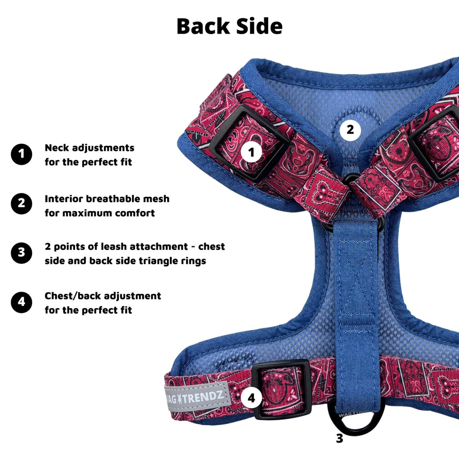 Dog Harness and Leash Set - Bandana Boujee Dog Harness in Red with Denim Accents - back side with product feature captions - against solid white background - Wag Trendz