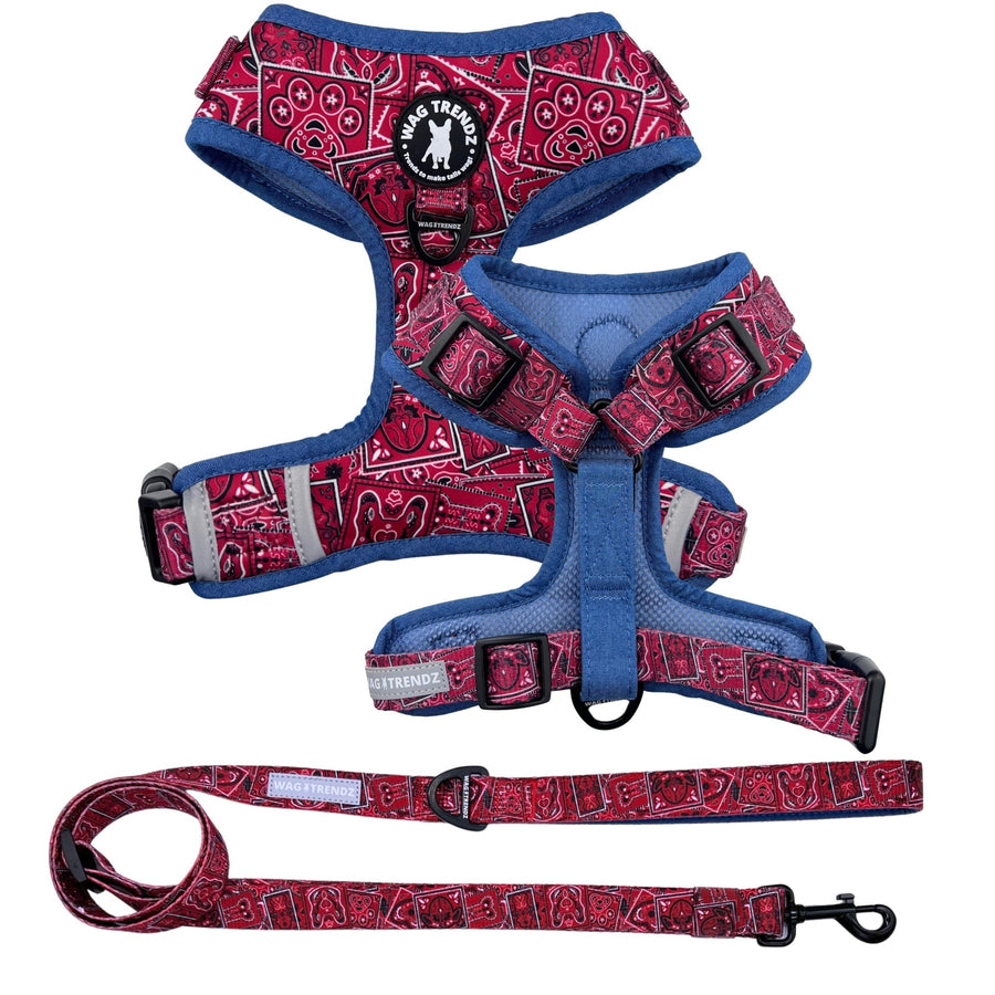 Dog Harness and Leash Set - Bandana Boujee Dog Harness and Leash in Red with Denim Accents - against solid white background - Wag Trendz