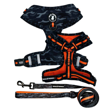 Dog Harness and Leash Set - Black & Gray camo dog harness with Orange Accents and Matching Dog Leash - against solid white background - Wag Trendz