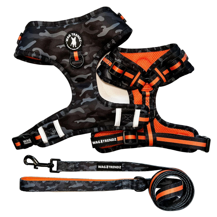 Dog Harness and Leash Set - Black & Gray camo dog harness with Orange Accents and Matching Dog Leash - against solid white background - Wag Trendz