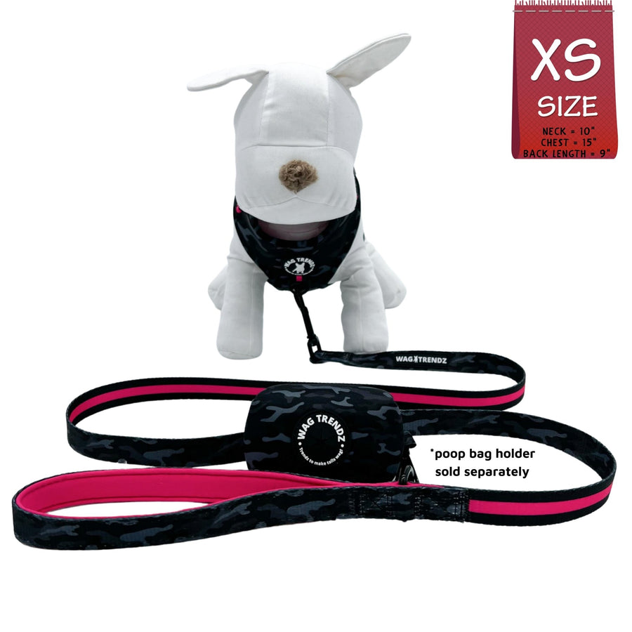 Dog Harness and Leash Set - white stuffed dog wearing black & gray camo dog harness with Pink Accents and Matching Dog Leash and poop bag holder attached - against solid white background - Wag Trendz