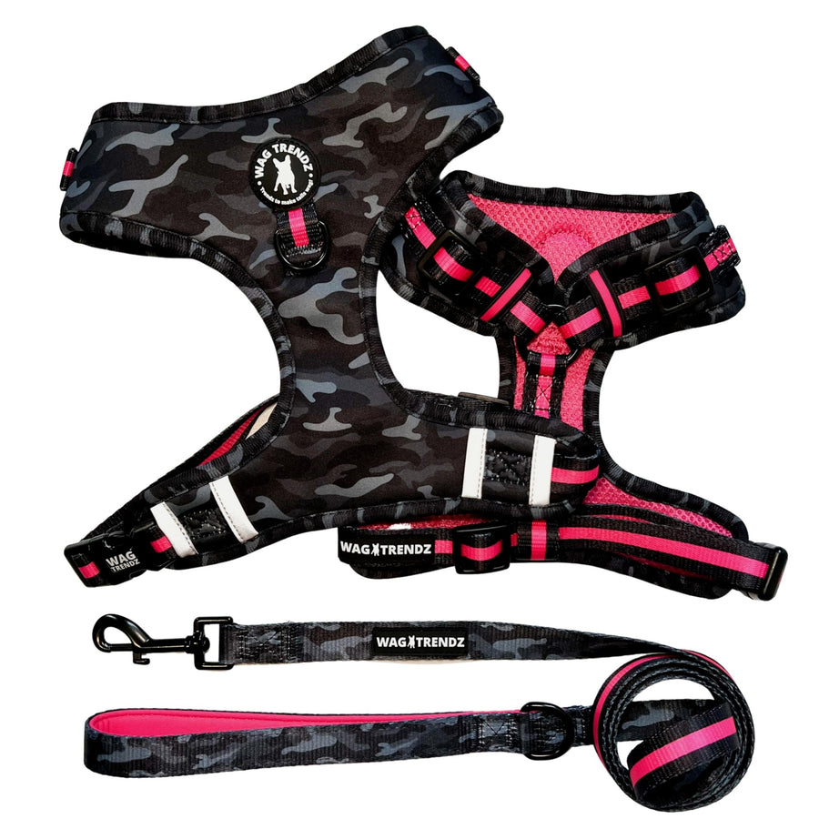 Dog Harness and Leash Set - black & gray camo dog harness with Pink Accents and Matching Dog Leash - against solid white background - Wag Trendz
