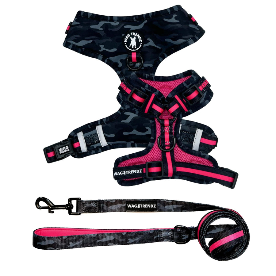 Dog Harness and Leash Set - black & gray camo dog harness with Pink Accents and Matching Dog Leash - against solid white background - Wag Trendz