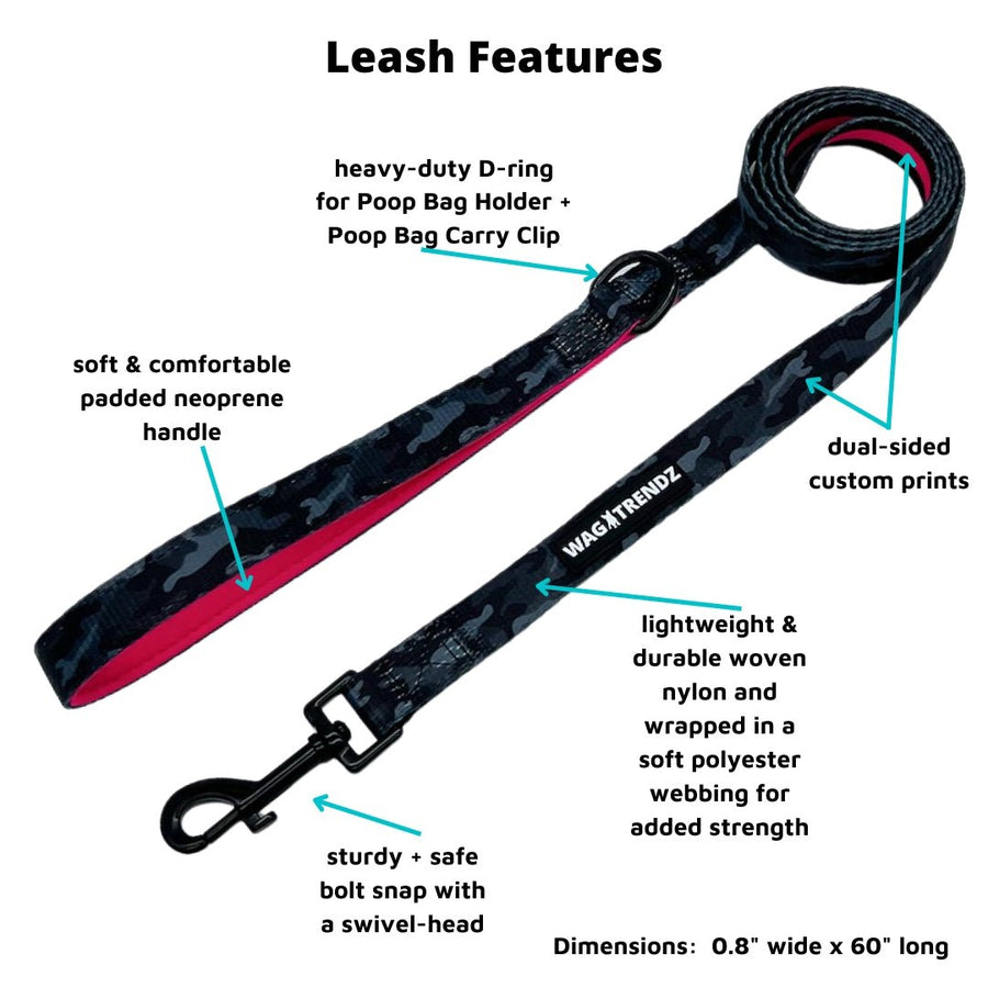 Dog Harness and Leash Set - black & gray camo dog leash with Pink Accents - product feature captions - against solid white background - Wag Trendz