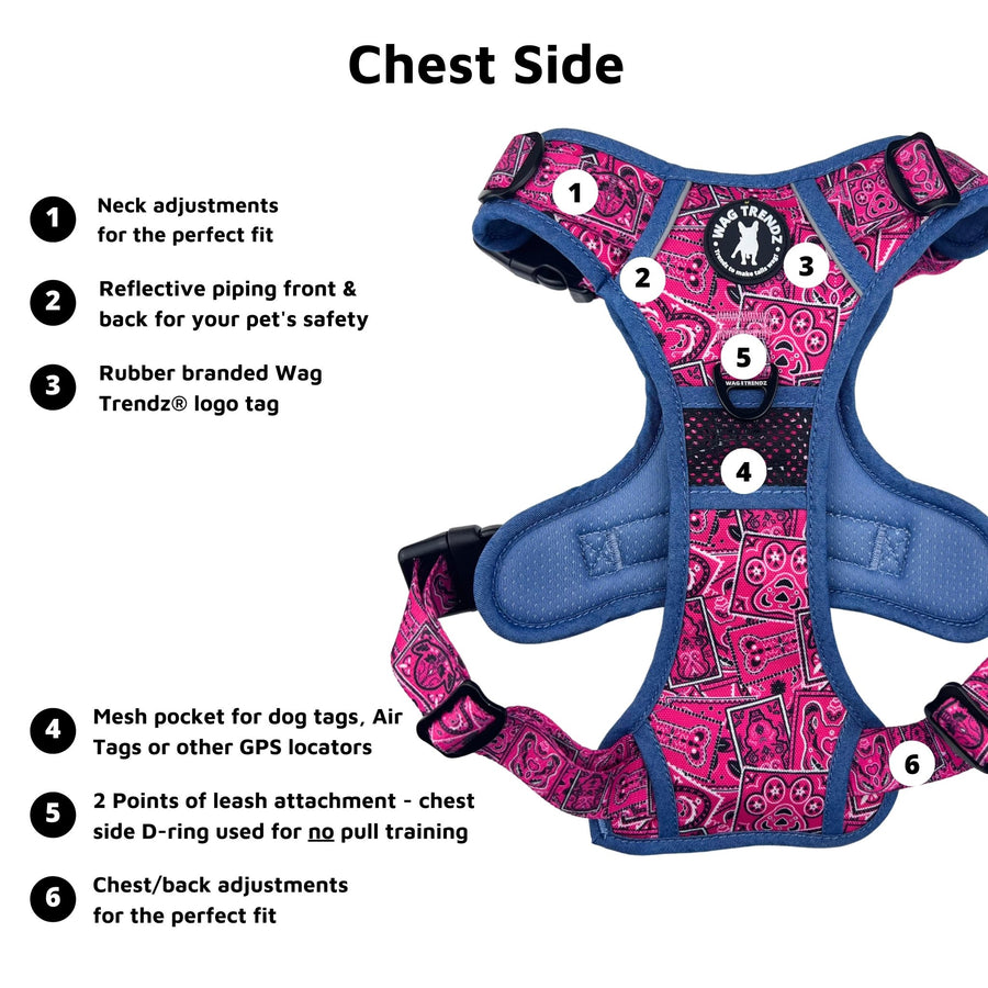Dog Harness and Leash Set - Bandana Boujee Dog Harness in Hot Pink with Denim Accents - chest side with product feature captions - against solid white background - Wag Trendz