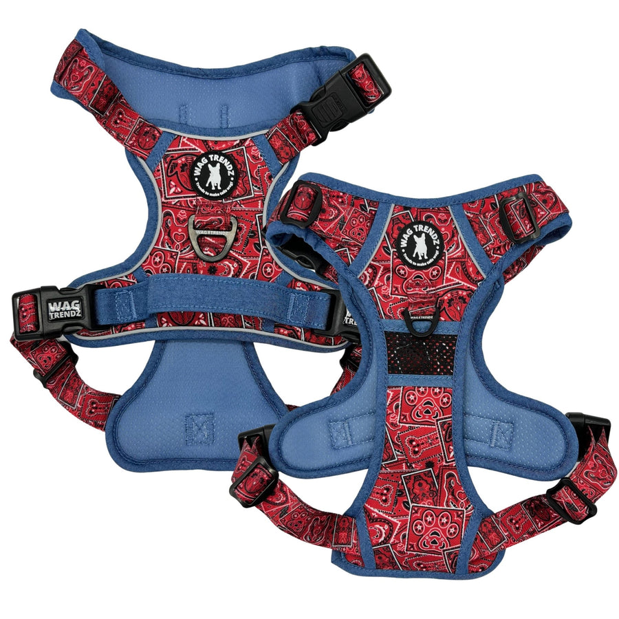 Dog Harness and Leash Set - Bandana Boujee Dog Harness and Adjustable Dog Leash in Red with Denim Accents - chest and back side views - against solid white background - Wag Trendz
