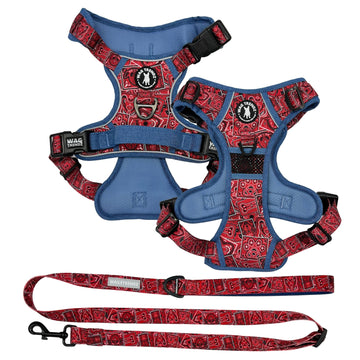 Dog Harness and Leash Set - Bandana Boujee Dog Harness and Adjustable Dog Leash in Red with Denim Accents - against solid white background - Wag Trendz
