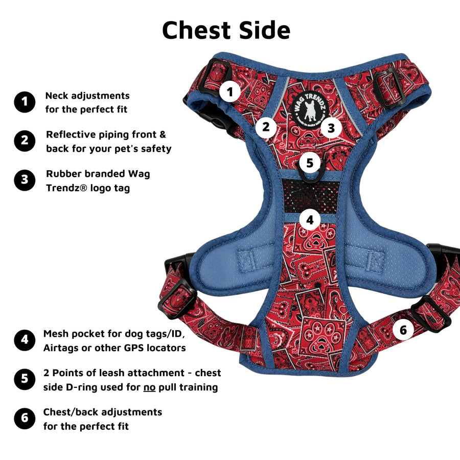 Dog Harness and Leash Set - Bandana Boujee Dog Harness in Red with Denim Accents - chest side with product feature captions - against solid white background - Wag Trendz