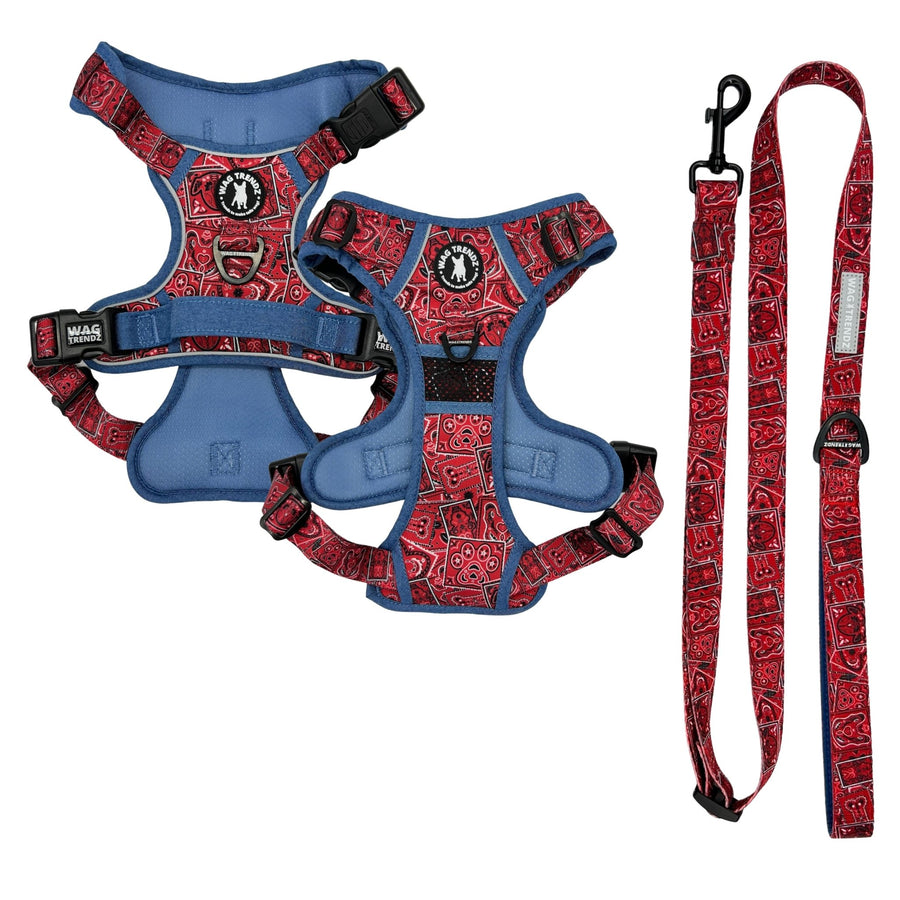 Dog Harness and Leash Set - Bandana Boujee Dog Harness and Adjustable Dog Leash in Red with Denim Accents - against solid white background - Wag Trendz