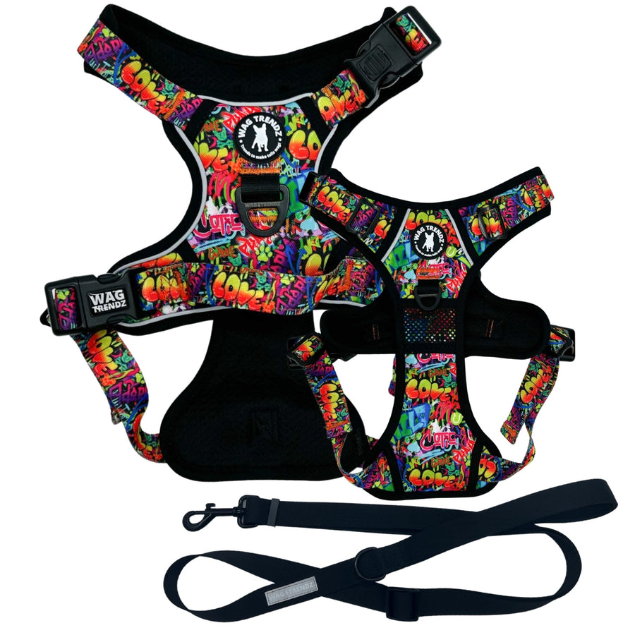 Dog Harness and Leash Set - No Pull - Handle - multi colored Street Graffiti dog harness - chest and backside view - solid black large adjustable dog leash - against solid white background - Wag Trendz