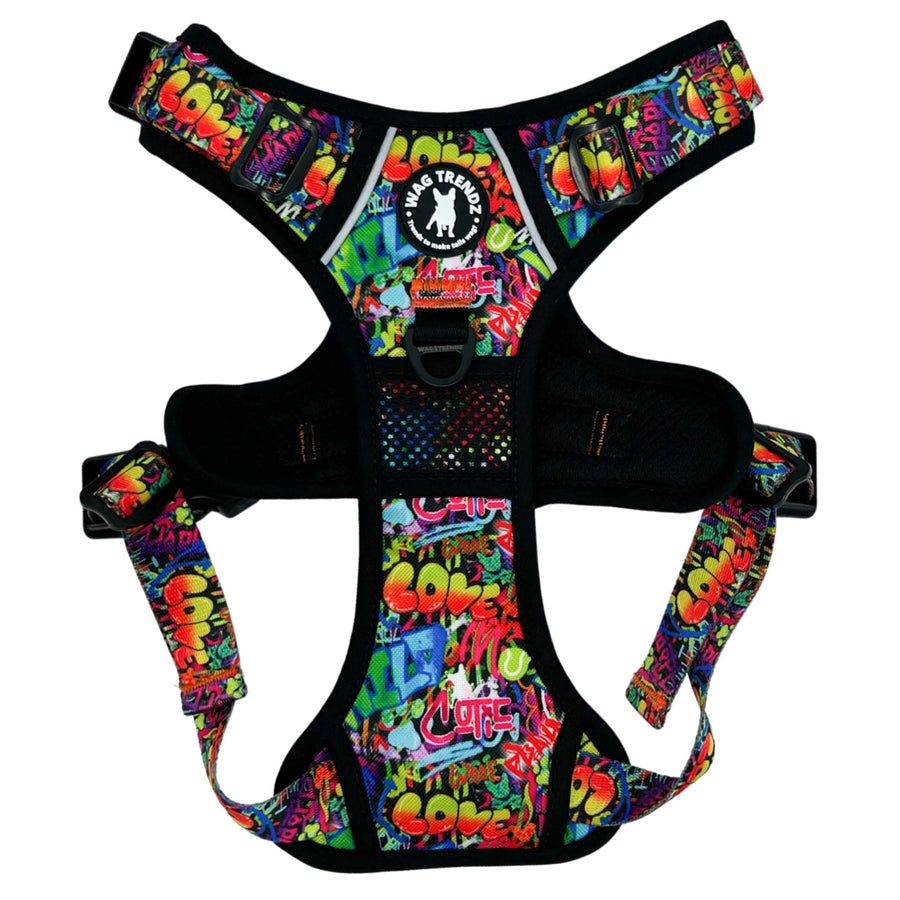 Dog Harness and Leash Set - No Pull - Handle - multi colored Street Graffiti dog harness - chest side view - against solid white background - Wag Trendz
