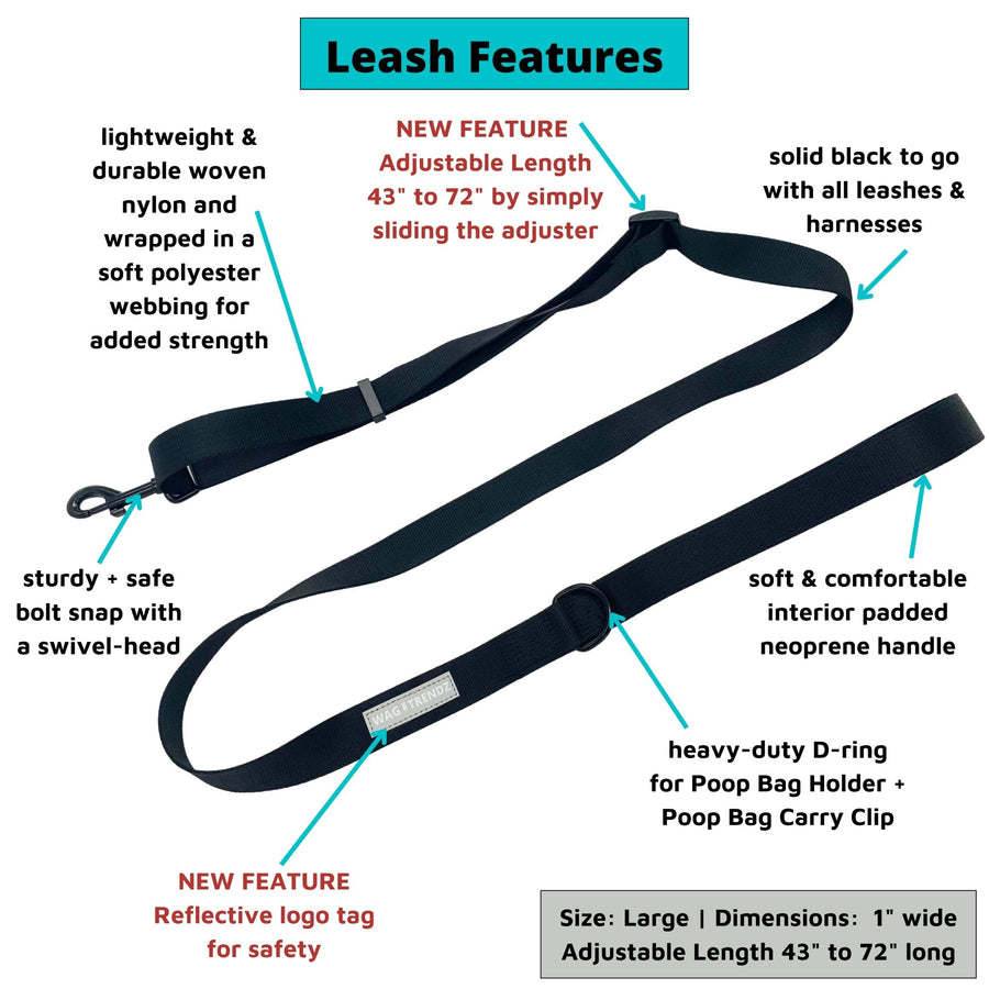 Dog Harness and Leash Set - black adjustable dog leash with product feature captions - against solid white background - Wag Trendz