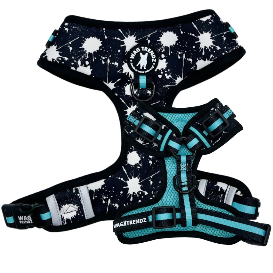Dog Harness and Leash Set - black harness vest in white paint splatter with teal accents - chest and back view - against solid white background - Wag Trendz