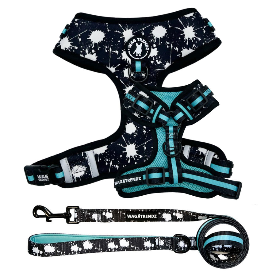 Dog Harness and Leash Set  - black harness vest in white paint splatter with teal accents and matching dog leash - against solid white background - Wag Trendz