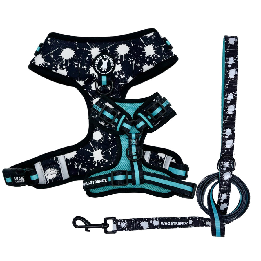 Dog Harness and Leash Set - black harness vest in white paint splatter with teal accents and matching dog leash - against solid white background - Wag Trendz