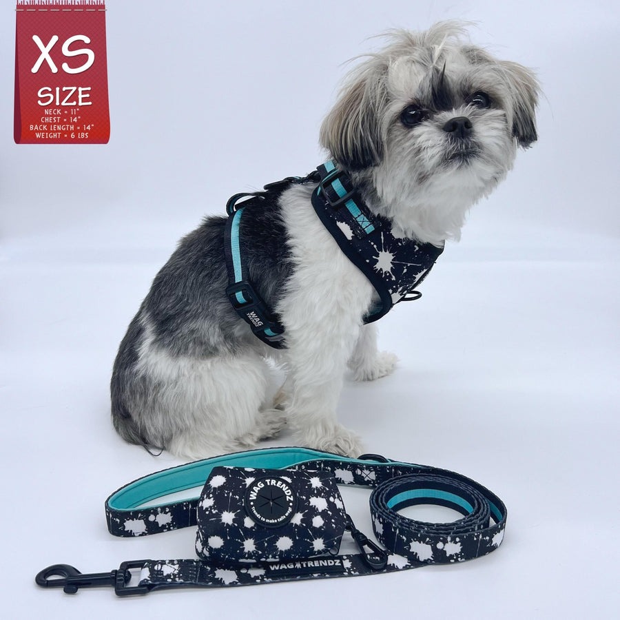 Dog Harness and Leash Set - Shih Tzu wearing black harness vest in white paint splatter with teal accents in size x small with matching leash - against solid white background - Wag Trendz