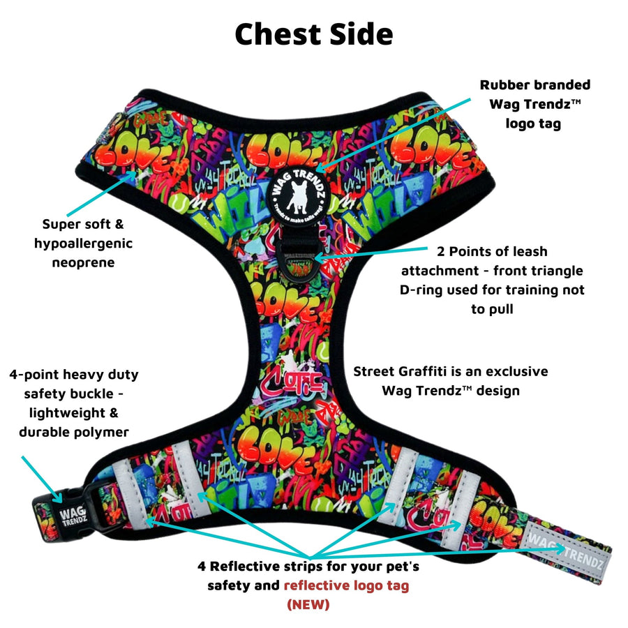 Dog Harness and Leash Set - multi-colored  Dog Harness Vest in Street Graffiti - with product feature captions - chest side - against solid white background - Wag Trendz
