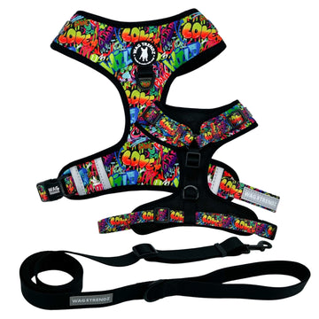 Dog Harness and  Leash Set - in multi-colored street graffiti  with large black adjustable dog leash - against a solid white background - Wag Trendz