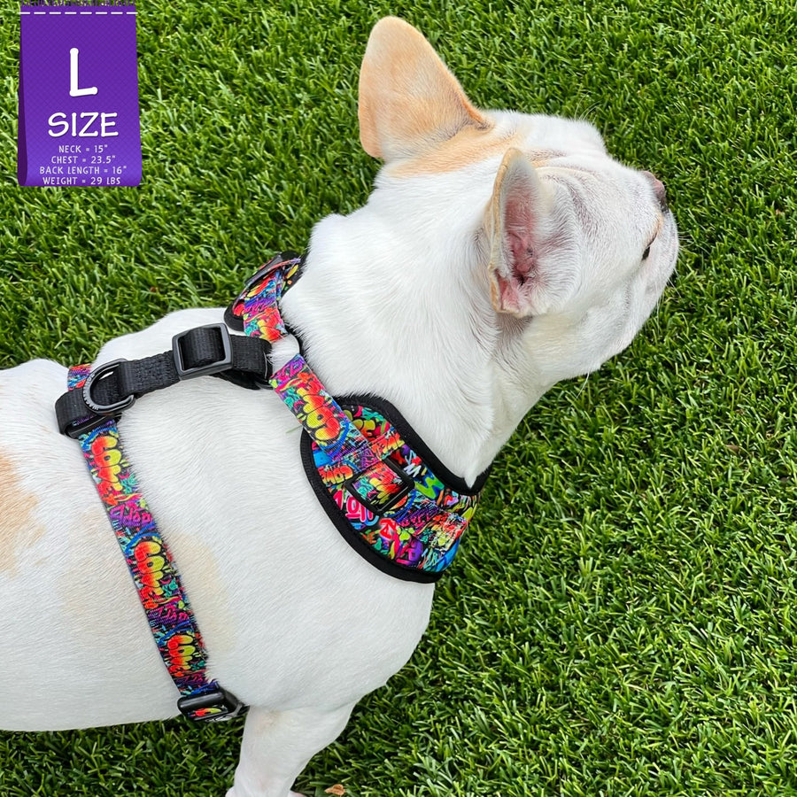 Dog Harness and Leash Set - French Bulldog wearing a Large Dog Harness Vest in multi-colored Street Graffiti - standing outdoors in the grass - Wag Trendz