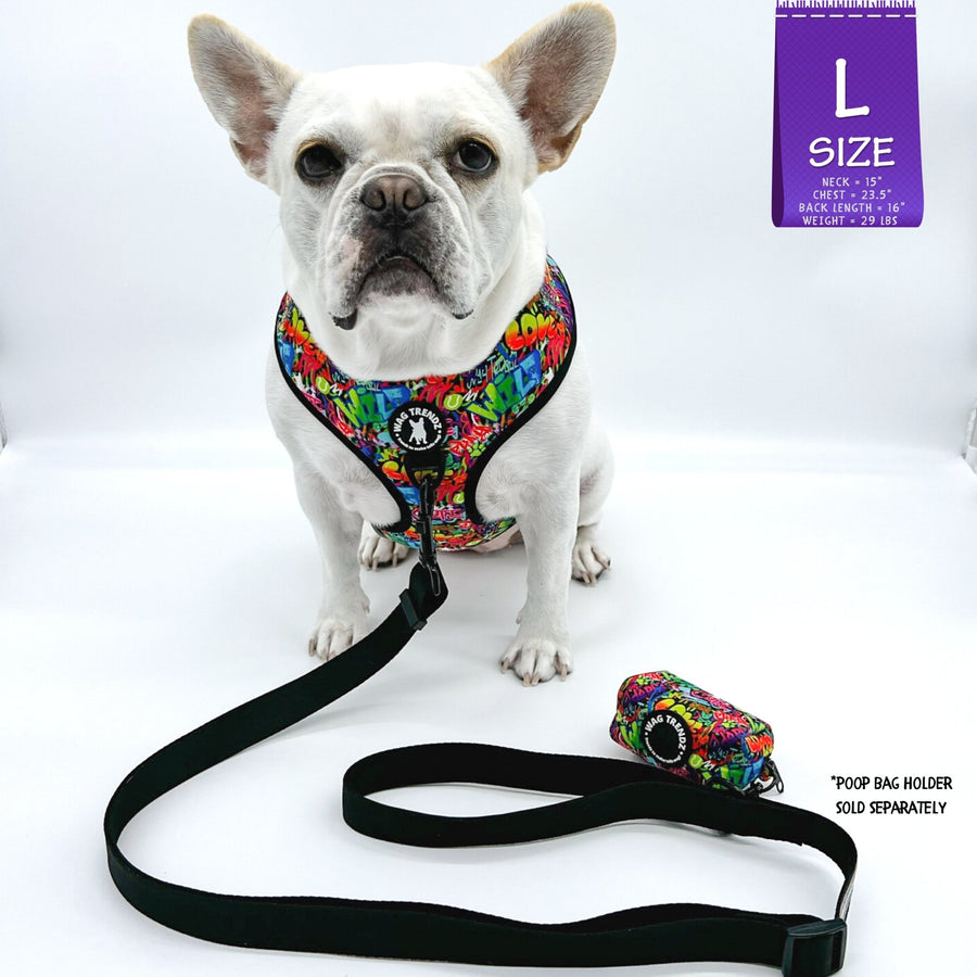 Dog Harness and Leash Set - French Bulldog wearing a multi-colored Street Graffiti Dog Harness Vest with medium solid black adjustable dog leash and Graffiti Poo Bag Holder attached - against a solid white background - Wag Trendz