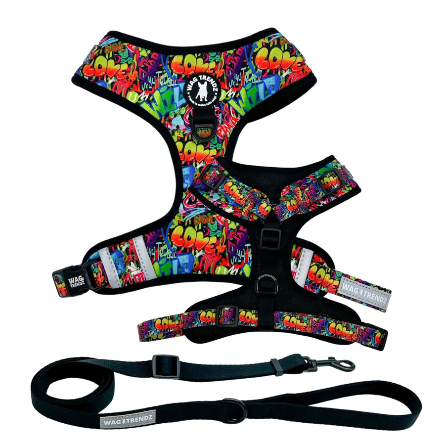 Dog Harness and Leash Set - multi-colored Street Graffiti Dog Harness Vest  - with a medium sized black adjustable dog leash - against a solid white background - Wag Trendz