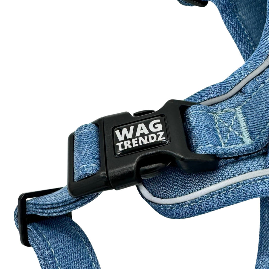Dog Harness With Handle - No Pull - Downtown Denim Dog Harness - close up of back side of harness showing the logo security buckle - against solid white background - Wag Trendz