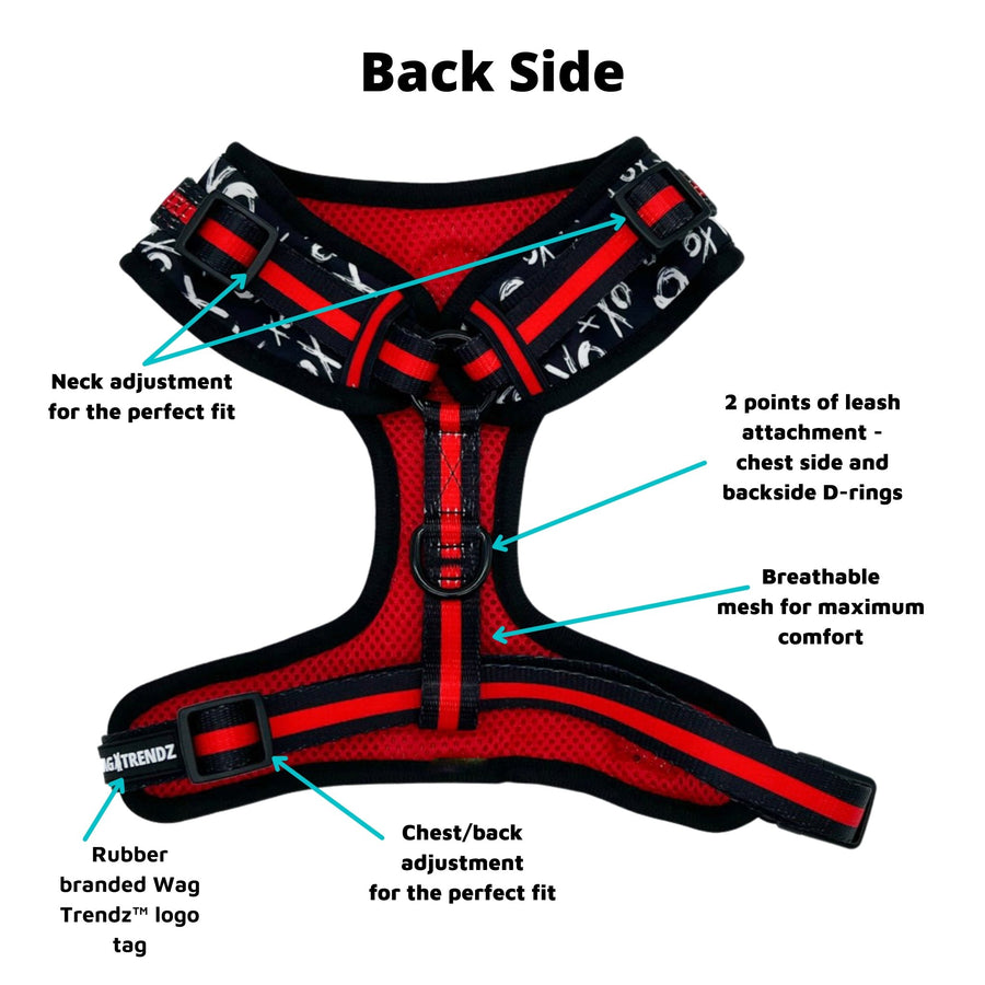 Dog Harness Vest - Adjustable -  Front Clip - black with white XO's with red accents with arrows pointing to all the harness features - back side view - Wag Trendz