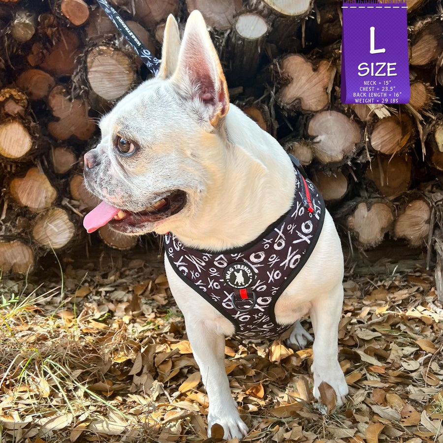 Dog Harness Vest - Adjustable - Front Clip - on a French Bulldog wearing black with white XO's with red accents - standing outside in front of wood pile and leaves - Wag Trendz