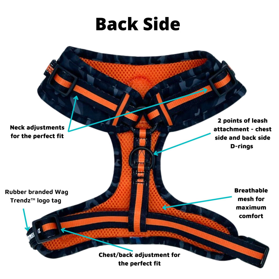 Dog Harness Vest - black and gray camo with orange accents - back side view with product feature captions - against solid white background - Wag Trendz
