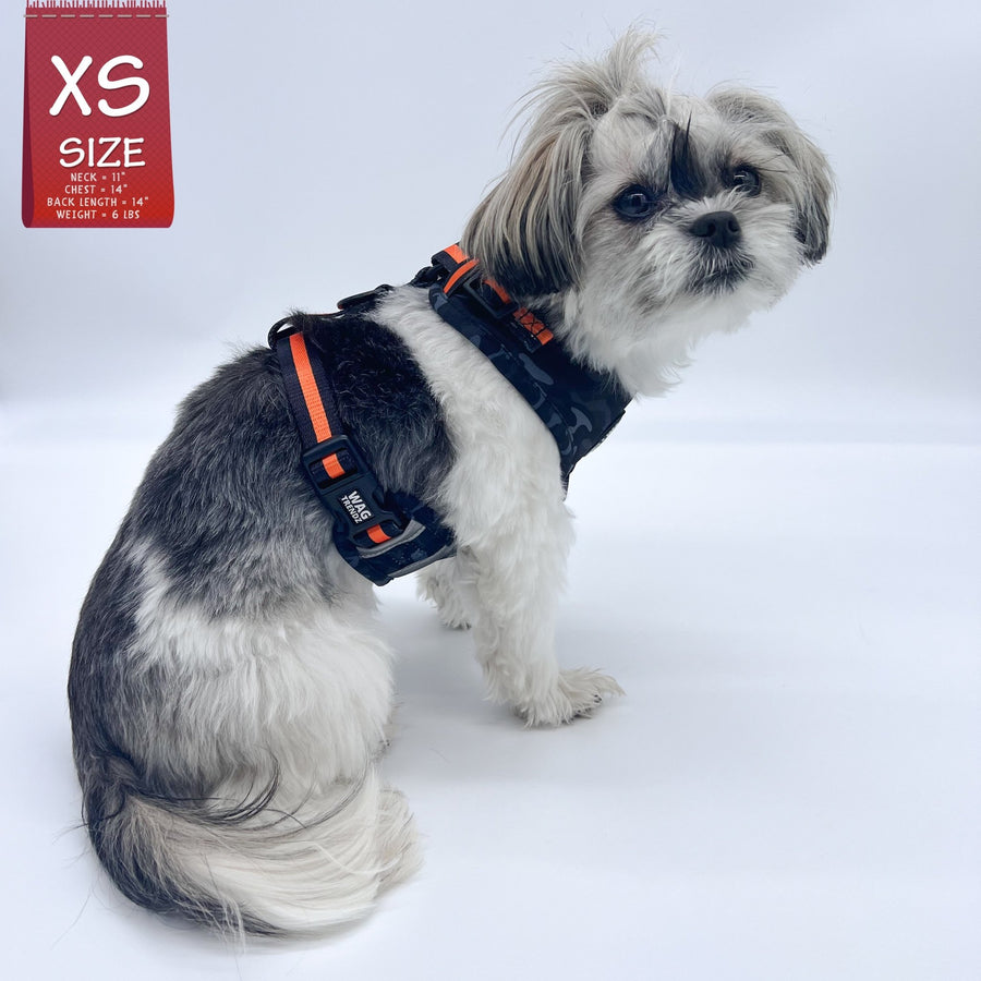 Dog Harness Vest - Shih Tzu mix wearing black and gray camo dog adjustable harness with orange accents - against solid white background - Wag Trendz