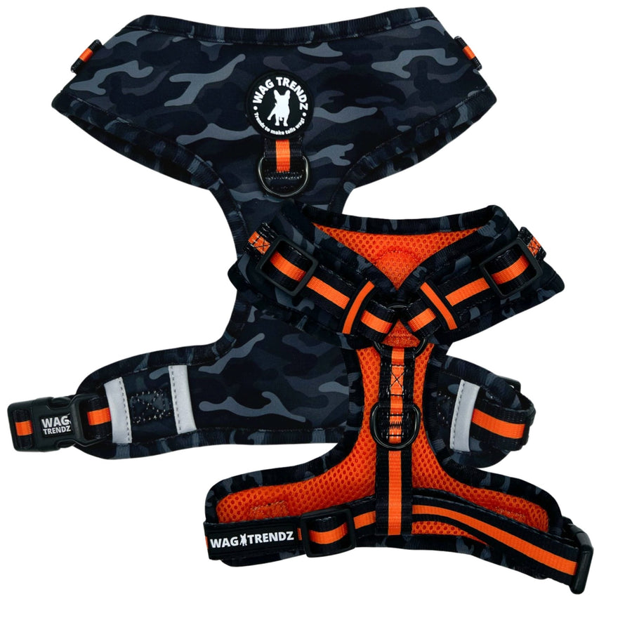Dog Harness Vest - black and gray camo dog adjustable harness with front clip and orange accents - front & back view - Wag Trendz