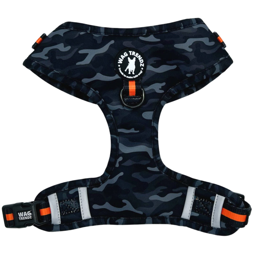 Dog Harness Vest - black and gray camo with orange accents on dog adjustable harness with front clip - chest side view against a white background - Wag Trendz
