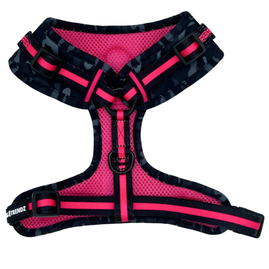 Dog Harness Vest - black and gray camo adjustable harness with hot pink accents and a front clip for pull training - back view against a solid white background - Wag Trendz