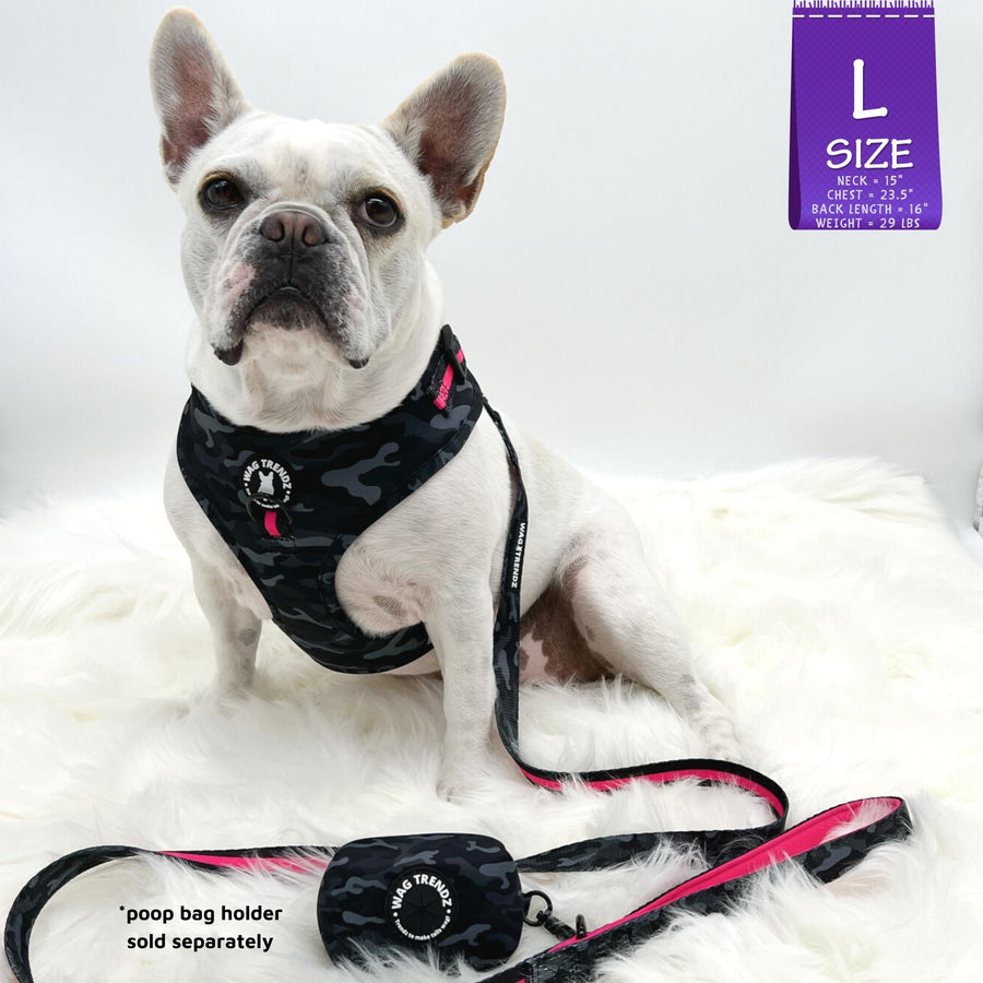 Dog Harness Vest - French Bulldog wearing black and gray camo adjustable harness with hot pink accents and a front clip for pull training and a matching leash and poop bag holder attached- against a solid white background - Wag Trendz