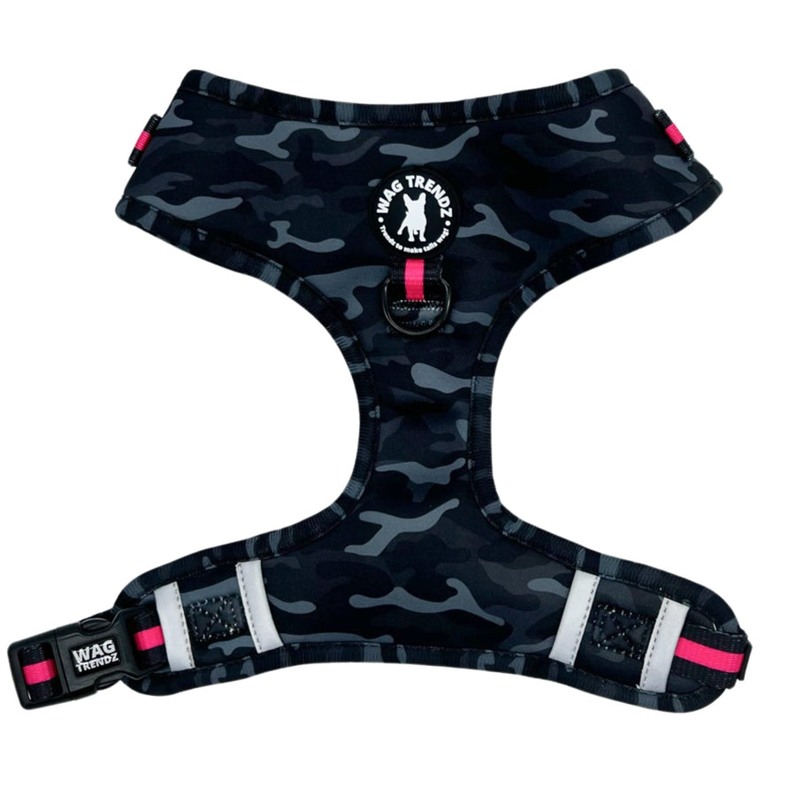 Dog Harness Vest - black and gray camo adjustable harness with hot pink accents and a front clip for pull training - chest view against a solid white background - Wag Trendz