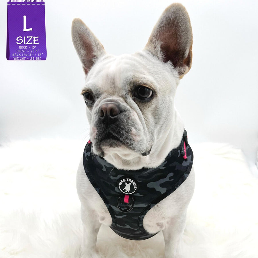 Dog Harness Vest - French Bulldog wearing black and gray camo adjustable harness with hot pink accents and a front clip for pull training - against a solid white background - Wag Trendz