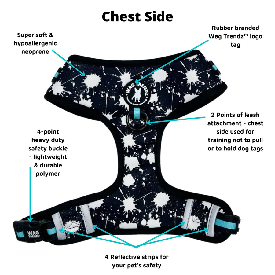 Dog Harness Vest - No Pull - black adjustable harness with white paint splatter and teal accents with product feature captions - front clip for no pull training - against a solid white background - Wag Trendz