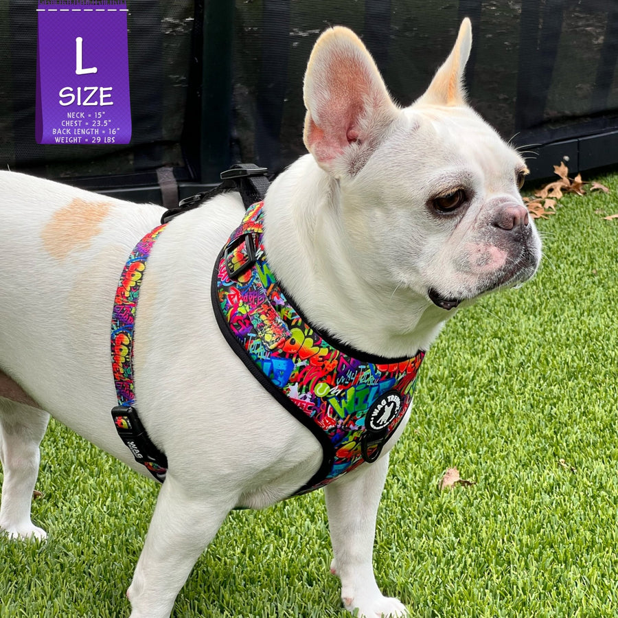 Dog Harness Vest - Adjustable - Front Clip - worn by cute white Frenchie Bulldog standing in the grass - multi-colored street graffiti design - Wag Trendz