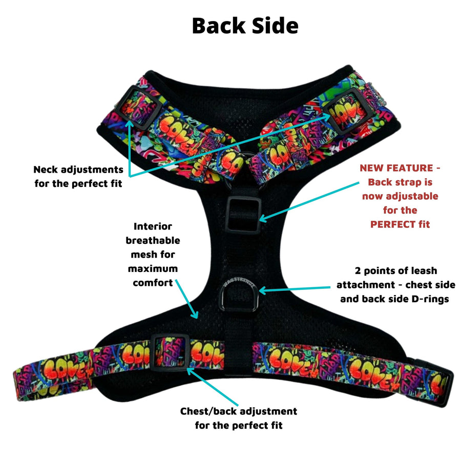 Dog Harness Vest - Adjustable - Front Clip - multi-colored street graffiti on dog harness against solid white background - with product feature descriptions for backside of dog harness - Wag Trendz