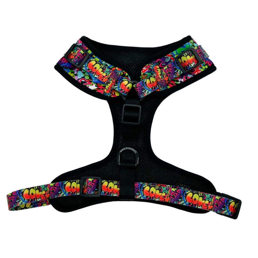 Dog Harness Vest - Adjustable - Front Clip - multi-colored street graffiti on dog harness against solid white background - back view - Wag Trendz
