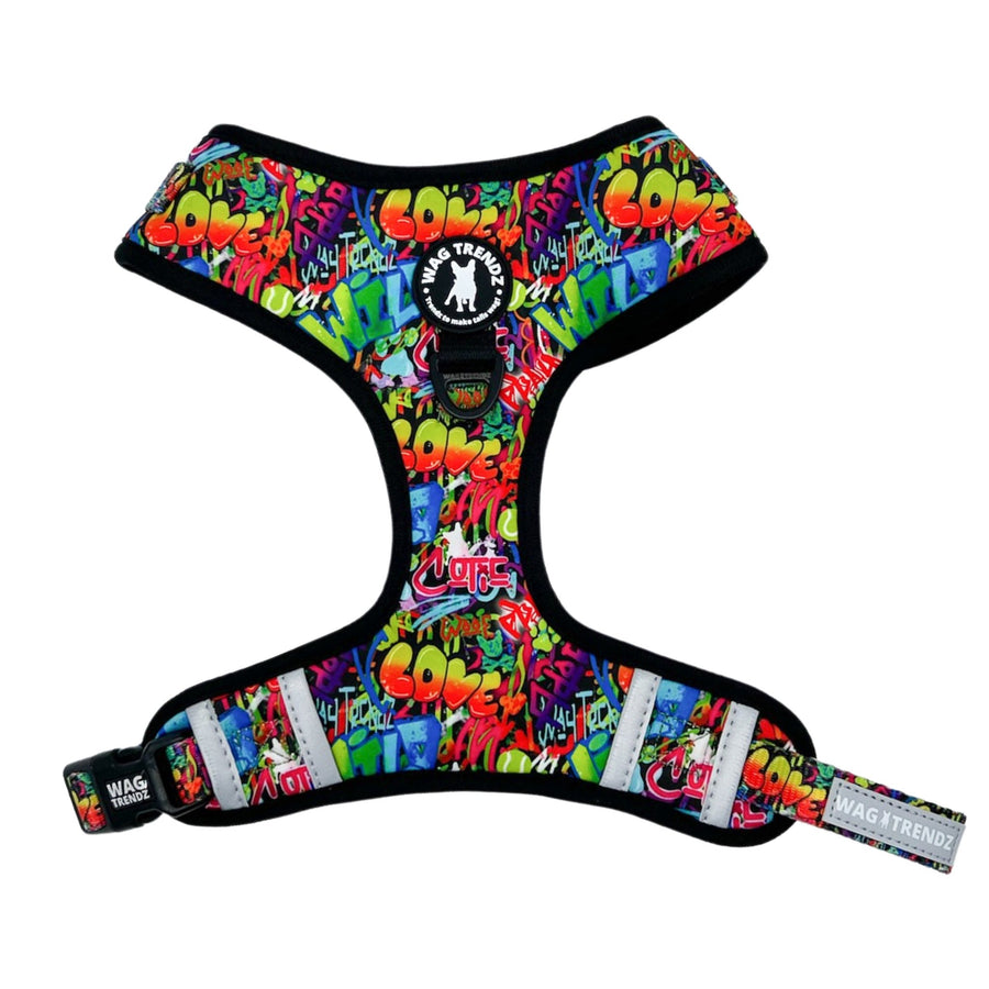 Dog Harness Vest - Adjustable - Front Clip - multi-colored street graffiti on dog harness against solid white background - chest view - Wag Trendz