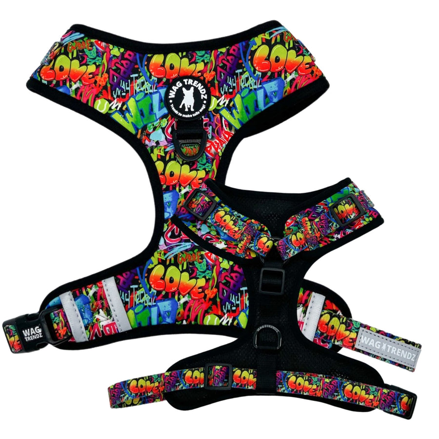 Dog Harness Vest - Adjustable - Front Clip - multi-colored street graffiti on dog harness against solid white background - chest and back view - Wag Trendz